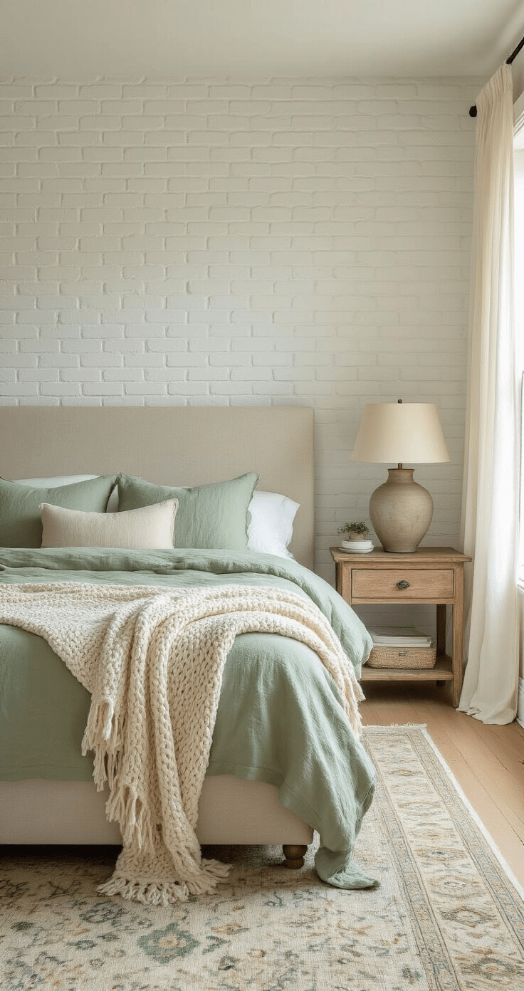 Cozy House Aesthetic: Creating Your Personal Sanctuary A compact bedroom featuring a king-size bed with sage green linen sheets, a chunky cream knit throw, weathered wood bedside tables, and ceramic lamps, all under soft morning light and sheer billowing curtains, with a vintage Persian rug on light oak flooring.