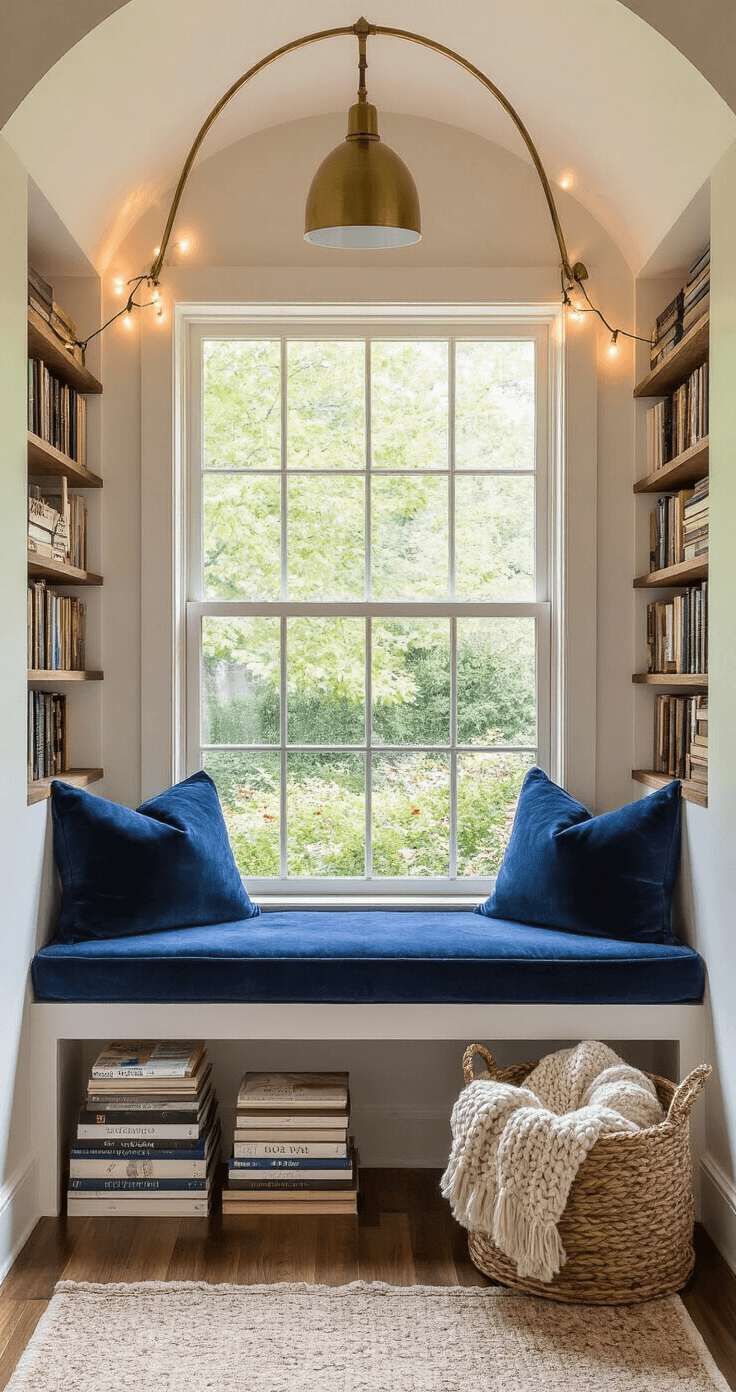 Cozy House Aesthetic: Creating Your Personal Sanctuary A cozy reading nook in a 6x8 ft alcove with a navy velvet window seat, surrounded by custom shelving filled with books, and illuminated by string lights and a brass floor lamp, overlooking a lush garden.