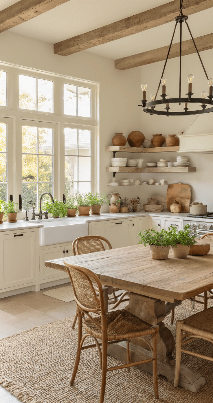 Cozy House Aesthetic: Creating Your Personal Sanctuary An open-concept kitchen and dining area bathed in warm golden hour light, featuring creamy white cabinets, a farmhouse sink, butcher block countertops, and a large reclaimed wood dining table surrounded by mix-and-match chairs, with a statement chandelier above and potted herbs on the windowsill.