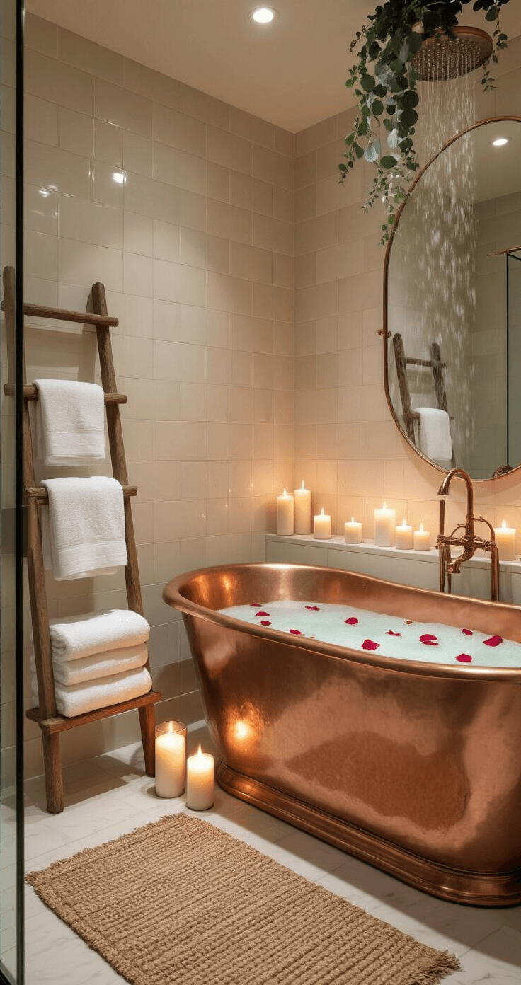 Cozy House Aesthetic: Creating Your Personal Sanctuary A luxurious bathroom at dusk featuring a freestanding copper bathtub filled with steaming water and rose petals, surrounded by soft candlelight. Cream and blush zellige tiles adorn the walls, with plush white towels on a ladder shelf. A large arched mirror reflects the flickering candles, while a woven jute rug lies on heated marble floors, and fresh eucalyptus hangs from the rainfall showerhead.