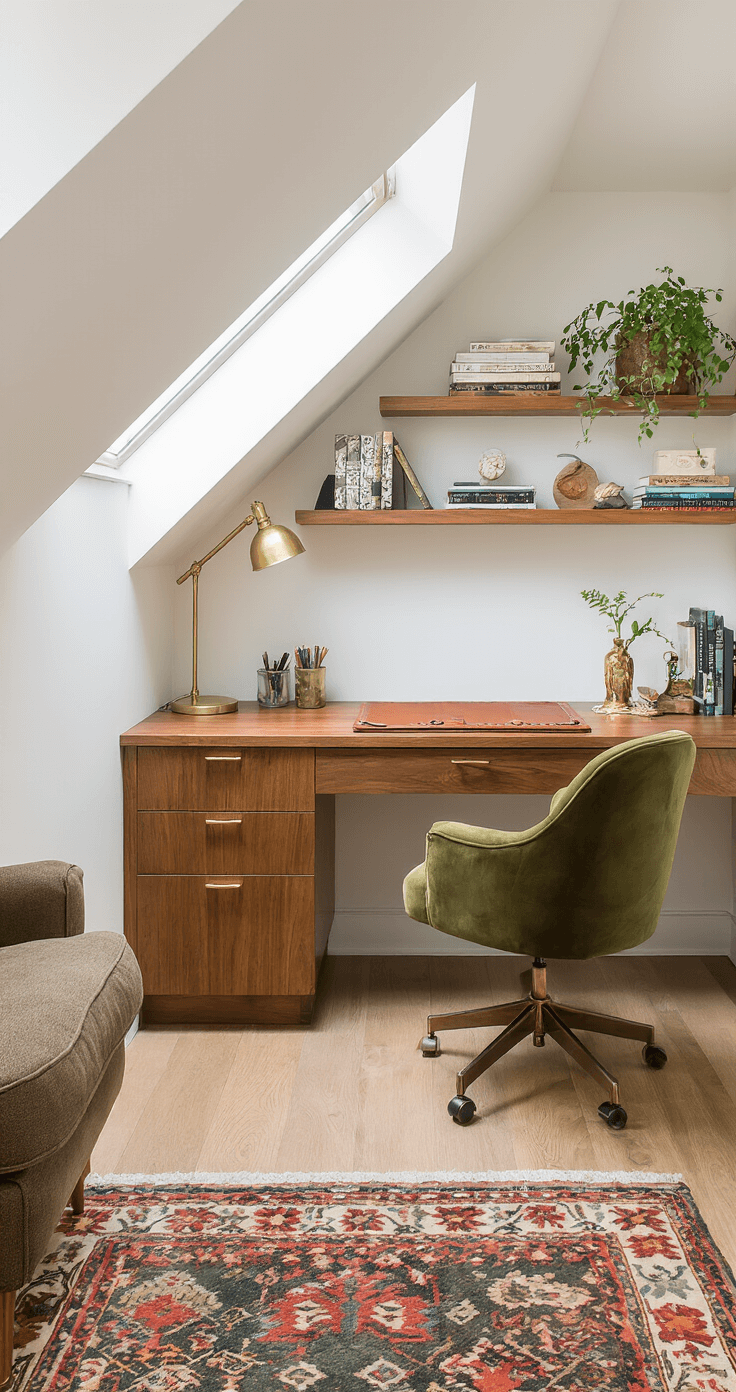 Cozy House Aesthetic: Creating Your Personal Sanctuary A cozy home office nook under a sloped ceiling, featuring a warm walnut built-in desk with leather writing pad and brass accessories, an olive green velvet ergonomic chair, floating shelves with books and plants, a vintage Kilim rug on light oak flooring, and a reading chair with a floor lamp, all illuminated by late morning light from a skylight.