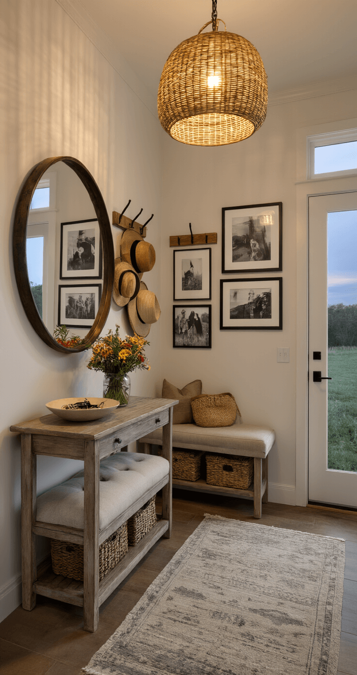 Cozy House Aesthetic: Creating Your Personal Sanctuary A cozy twilight entryway featuring a pendant light with a woven rattan shade, a weathered wood console table with a large round mirror, a ceramic bowl for keys, a vase of wildflowers, hooks for hats and bags, a tufted linen bench with woven baskets for shoe storage, and a gallery of black and white family photos on the opposite wall, all anchored by a vintage runner rug.