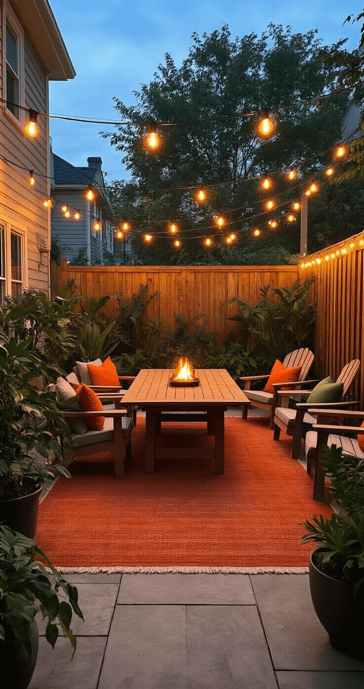 Cozy Backyard Bliss: Transform Your Outdoor Space into a Dreamy Retreat A cozy backyard patio at dusk, featuring a weathered teak dining set under warm string lights, a rust-colored outdoor rug with deep orange and muted green cushions, potted plants, and a small fire pit surrounded by Adirondack chairs, all illuminated by soft, inviting light.