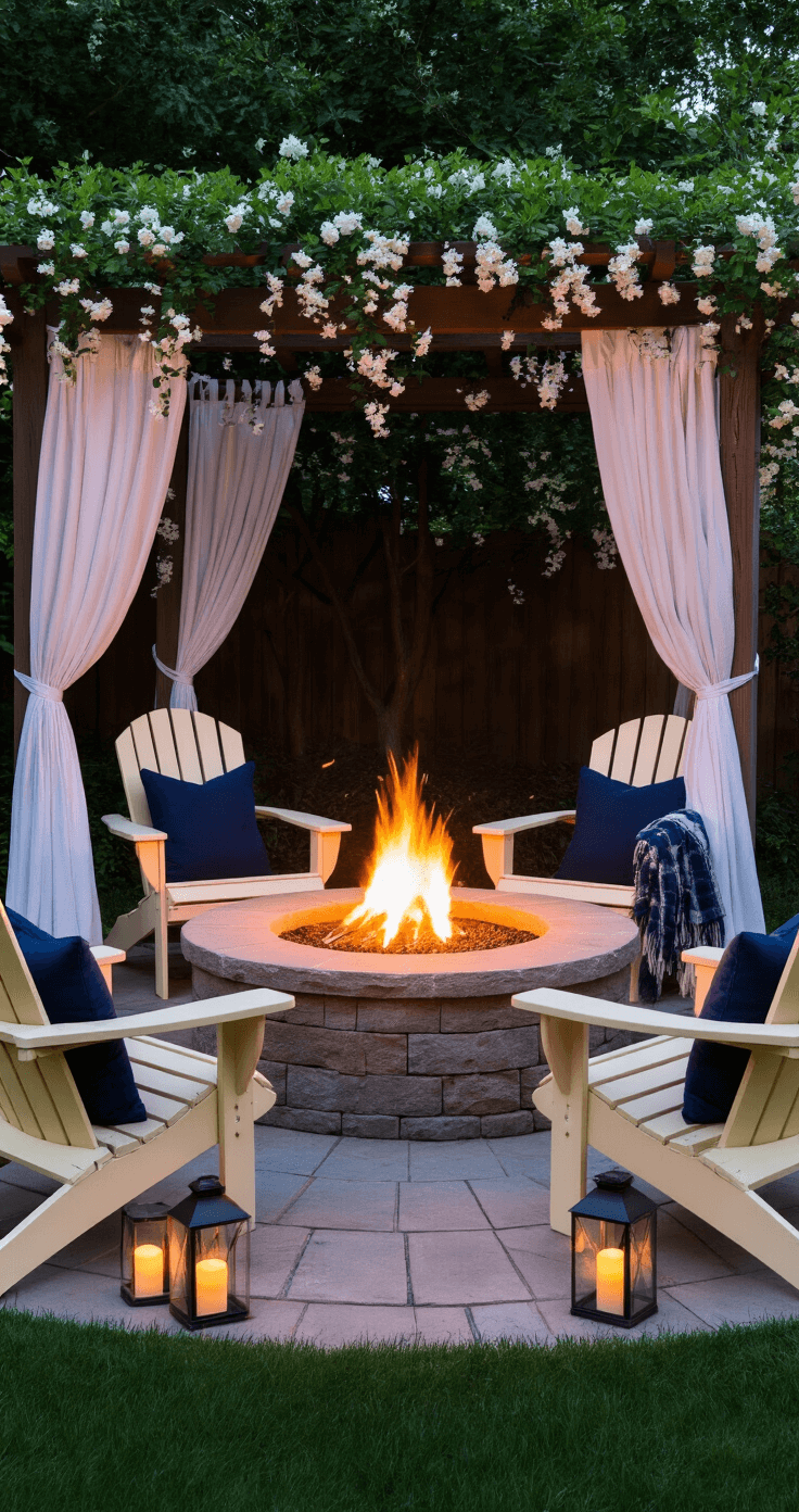 Cozy Backyard Bliss: Transform Your Outdoor Space into a Dreamy Retreat An inviting fire pit area at twilight, featuring a circular stone fire pit surrounded by four oversized cream Adirondack chairs with navy blue cushions and throw blankets. Lanterns with soft, flickering lights scatter on the ground, while a pergola draped with white curtains and climbing jasmine forms the backdrop, all captured in warm golden hour light.