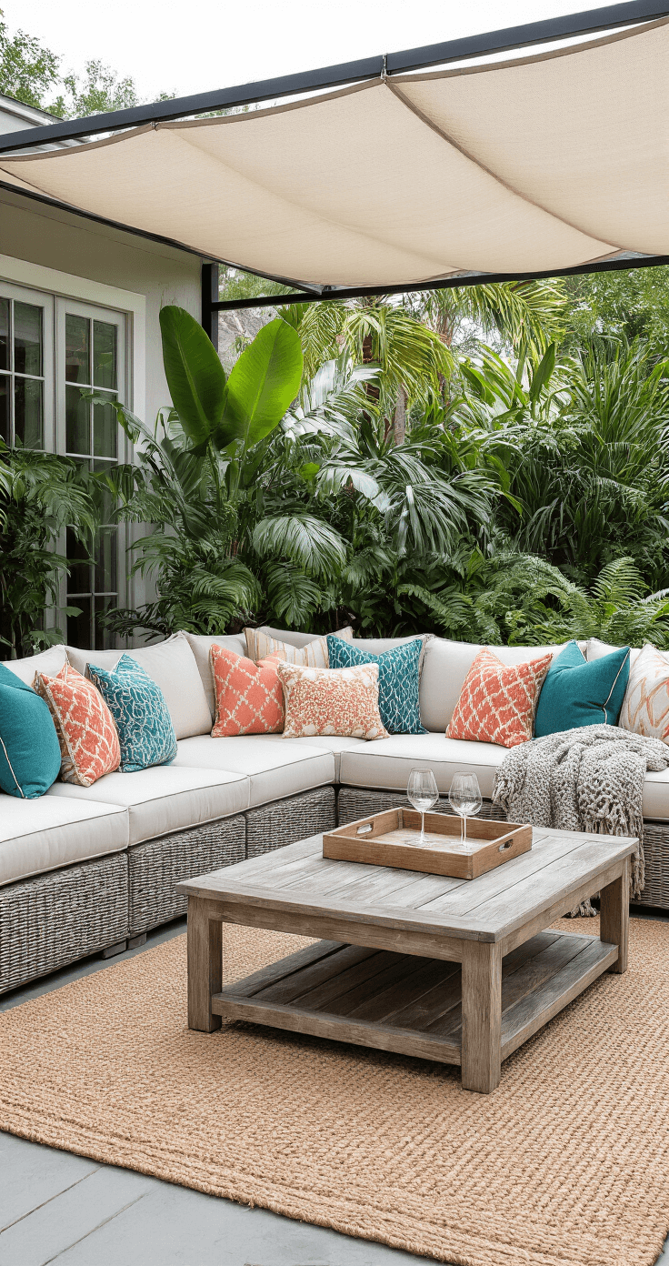 Cozy Backyard Bliss: Transform Your Outdoor Space into a Dreamy Retreat A cozy outdoor living room on a patio featuring a large L-shaped wicker sectional with colorful pillows, a chunky knit throw, a rustic wood coffee table with wine glasses, and a jute rug, surrounded by potted palms and ferns, with a retractable canopy providing shade in warm afternoon light.