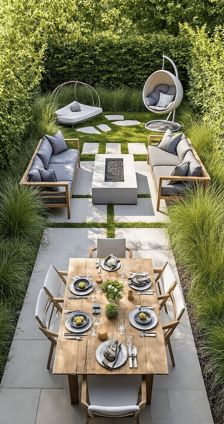 Cozy Backyard Bliss: Transform Your Outdoor Space into a Dreamy Retreat A bird's-eye view of a multi-zoned backyard retreat at midday, featuring a rustic dining area with mismatched chairs, a modern lounge area with charcoal gray furniture around a concrete fire table, and a quiet reading nook with a hanging egg chair, all connected by stepping stones and creeping thyme, under bright natural light.