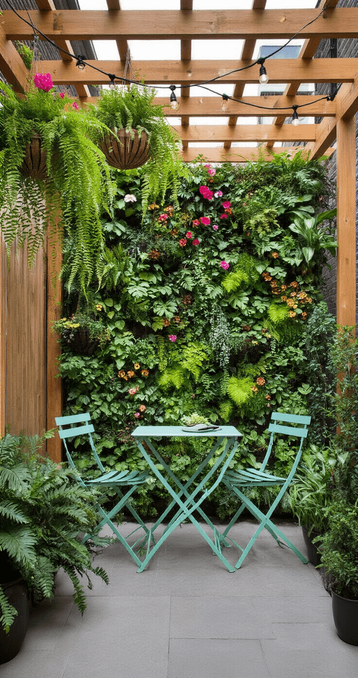 Cozy Backyard Bliss: Transform Your Outdoor Space into a Dreamy Retreat A cozy urban patio featuring a vertical garden with a living wall of ferns and succulents, framed by a wooden pergola adorned with hanging planters of colorful flowers, illuminated by string lights, and a mint green bistro set enhancing the lush greenery.