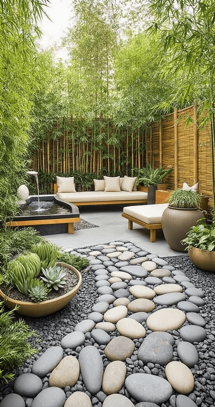 Cozy Backyard Bliss: Transform Your Outdoor Space into a Dreamy Retreat A serene Zen-inspired backyard oasis featuring a stone pathway, teak loungers with cream cushions, a bubbling fountain, bamboo screens, and sculptural plants, all illuminated by soft morning light.