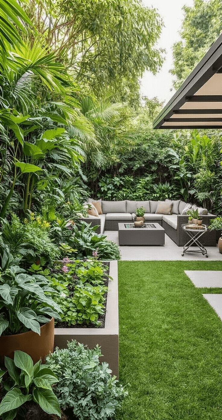 Cozy Backyard Bliss: Transform Your Outdoor Space into a Dreamy Retreat A lush backyard retreat filled with diverse potted plants, a vibrant herb garden, a neutral taupe outdoor sectional facing a sleek gas fire table, and a stocked outdoor bar cart, all under a retractable awning in the warm afternoon sun.