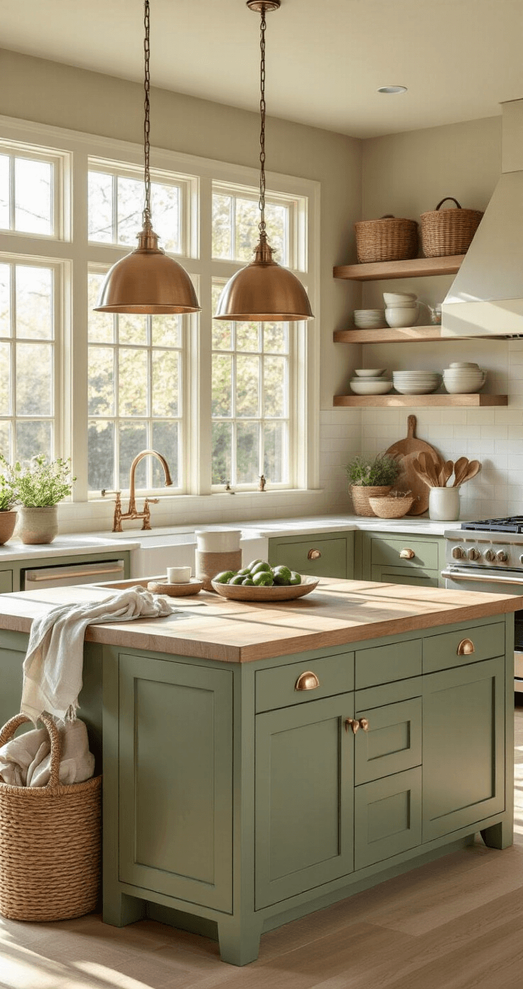 Photorealistic wide-angle view of a modern kitchen featuring a sage green island, natural wood countertops, greige walls, brass fixtures, and warm morning light illuminating the space, with cozy decor elements and open shelving.