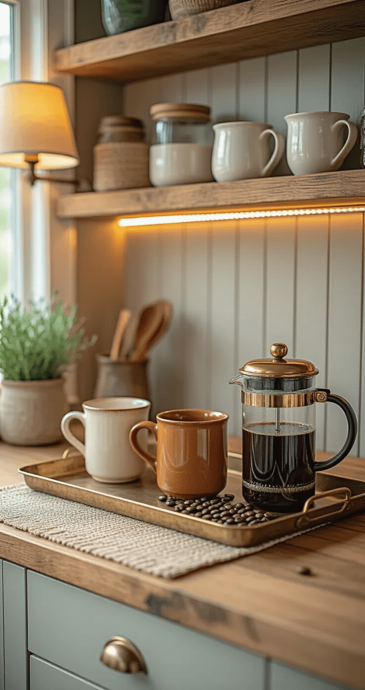 Intimate close-up of a cozy kitchen coffee station during golden hour, featuring a vintage brass tray with a French press, artisanal ceramic mugs, and a small milk pitcher with sage sprigs, against a soft gray wall with warm LED lighting and a linen-shaded lamp. Coffee beans scattered beneath a woven runner, steam rising from fresh coffee.