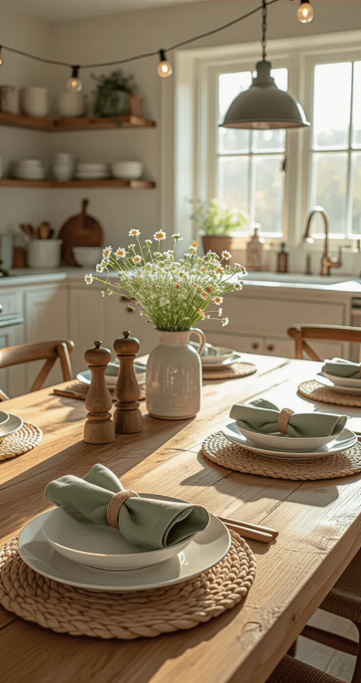 A spacious kitchen dining area bathed in golden afternoon light, featuring a large farmhouse table with natural wood finish, sage green cloth napkins in a rustic holder, wildflower centerpiece, vintage brass and wood salt and pepper mills, and woven placemats under white stoneware plates, with string lights overhead and a kitchen island in the background.