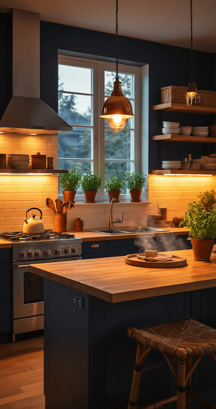 A warm and inviting kitchen scene featuring dramatic lighting with under-cabinet LED strips, pendant lights, and a small table lamp, complemented by natural wood countertops, copper accents, fresh herbs in terracotta pots, and a steam-filled kettle on a professional stove, all set against a deep navy accent wall.