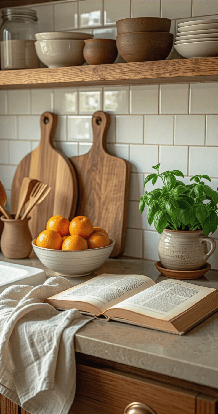 Macro shot of a thoughtfully styled kitchen counter with wooden cutting boards, a bowl of seasonal fruits, a fresh basil plant, an open vintage cookbook, and brass accents, all captured in soft morning light, emphasizing textures and curated clutter.