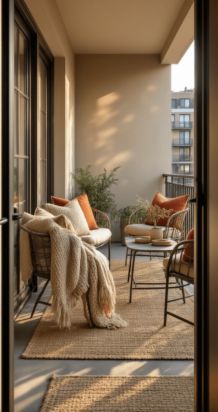 Transform Your Balcony Into a Cozy Retreat: My Journey From Concrete Slab to Outdoor Haven Photorealistic wide-angle shot of a small apartment balcony at golden hour, featuring comfortable bistro seating with outdoor cushions in warm earth tones, textured rugs on concrete flooring, and soft natural lighting creating a cozy atmosphere with urban context.