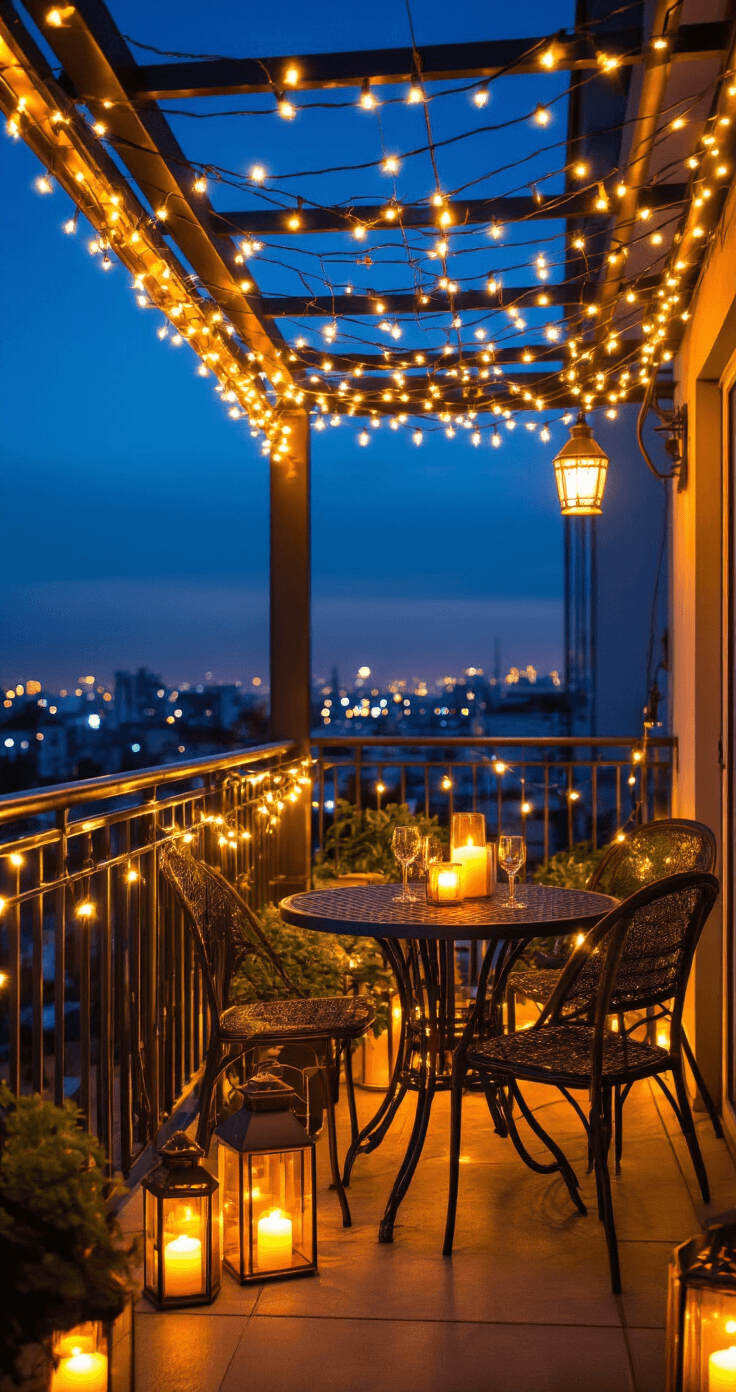 Transform Your Balcony Into a Cozy Retreat: My Journey From Concrete Slab to Outdoor Haven A cozy urban balcony at blue hour, adorned with warm LED string lights overhead, solar lanterns at varying heights, and flameless candles, creating an intimate atmosphere against a backdrop of city lights and a deep twilight sky.