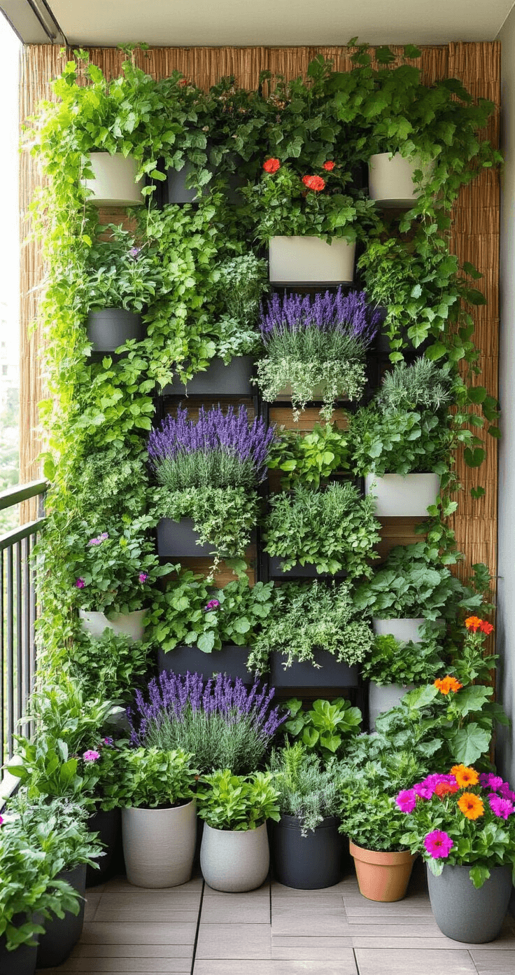 Transform Your Balcony Into a Cozy Retreat: My Journey From Concrete Slab to Outdoor Haven A vibrant vertical garden on a balcony bathed in bright morning light, featuring wall-mounted planters with trailing ivy, self-watering containers of lavender and rosemary, and colorful geraniums, all arranged in odd numbers against a backdrop of bamboo screening and a concrete floor.