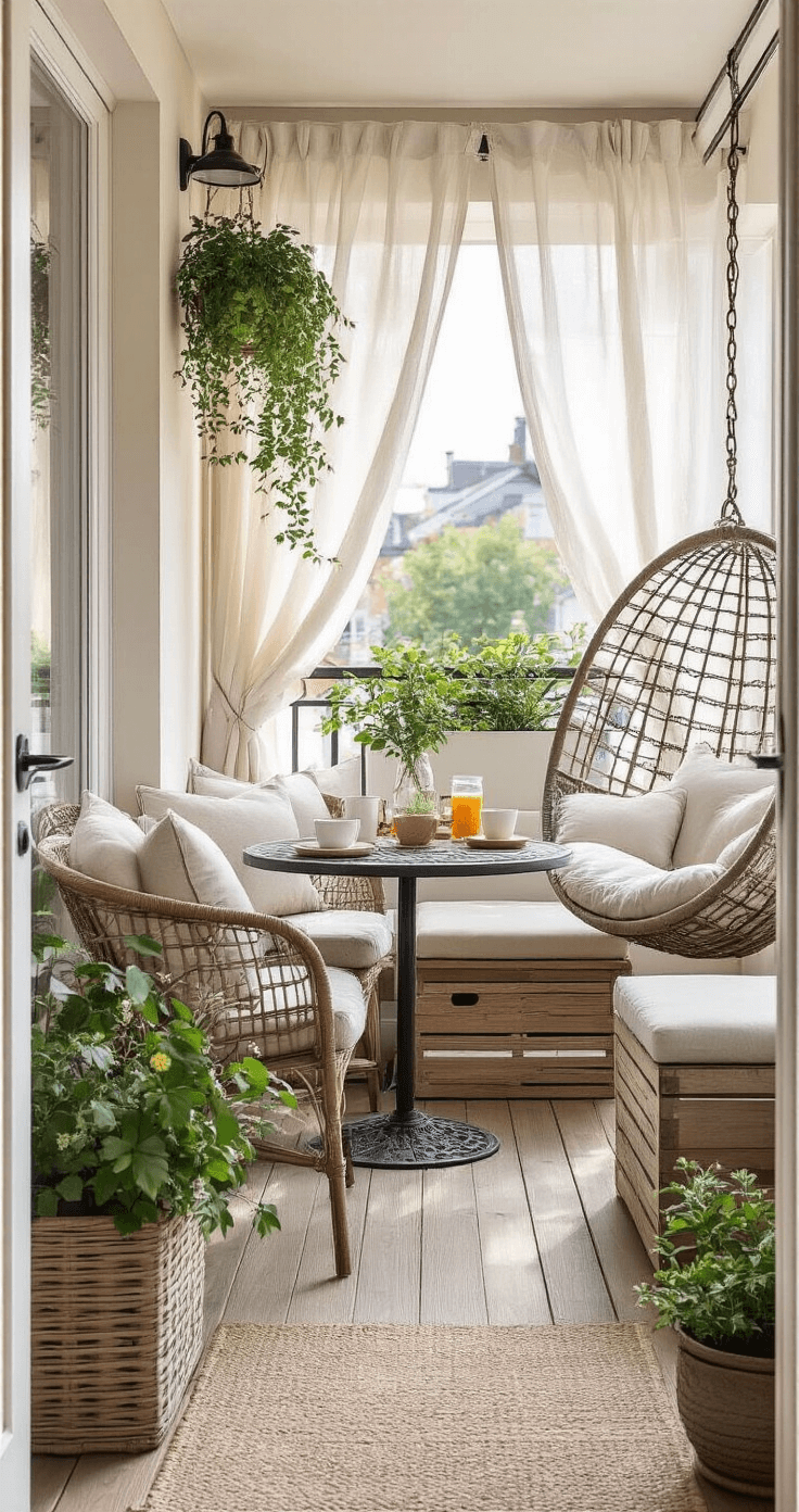Transform Your Balcony Into a Cozy Retreat: My Journey From Concrete Slab to Outdoor Haven Intimate balcony bistro seating with wrought iron set, storage bench, floor cushions, and hanging egg chair, bathed in soft morning light through gauzy curtains, showcasing a cozy, livable 24 square foot space.