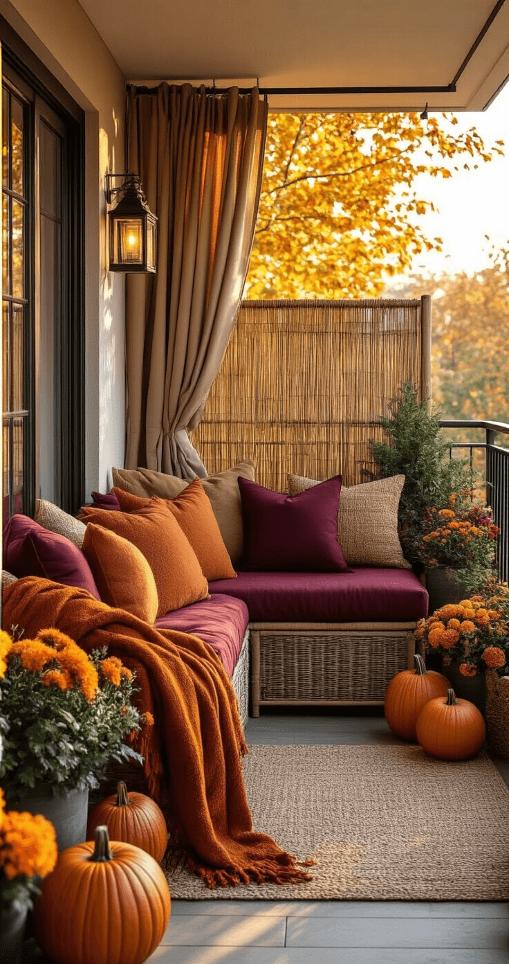 Transform Your Balcony Into a Cozy Retreat: My Journey From Concrete Slab to Outdoor Haven Cozy autumn balcony with burnt orange throws, burgundy cushions, pumpkins, and fall flowers, basking in warm golden hour light, featuring bamboo privacy screening, outdoor curtains, and inviting string lights.