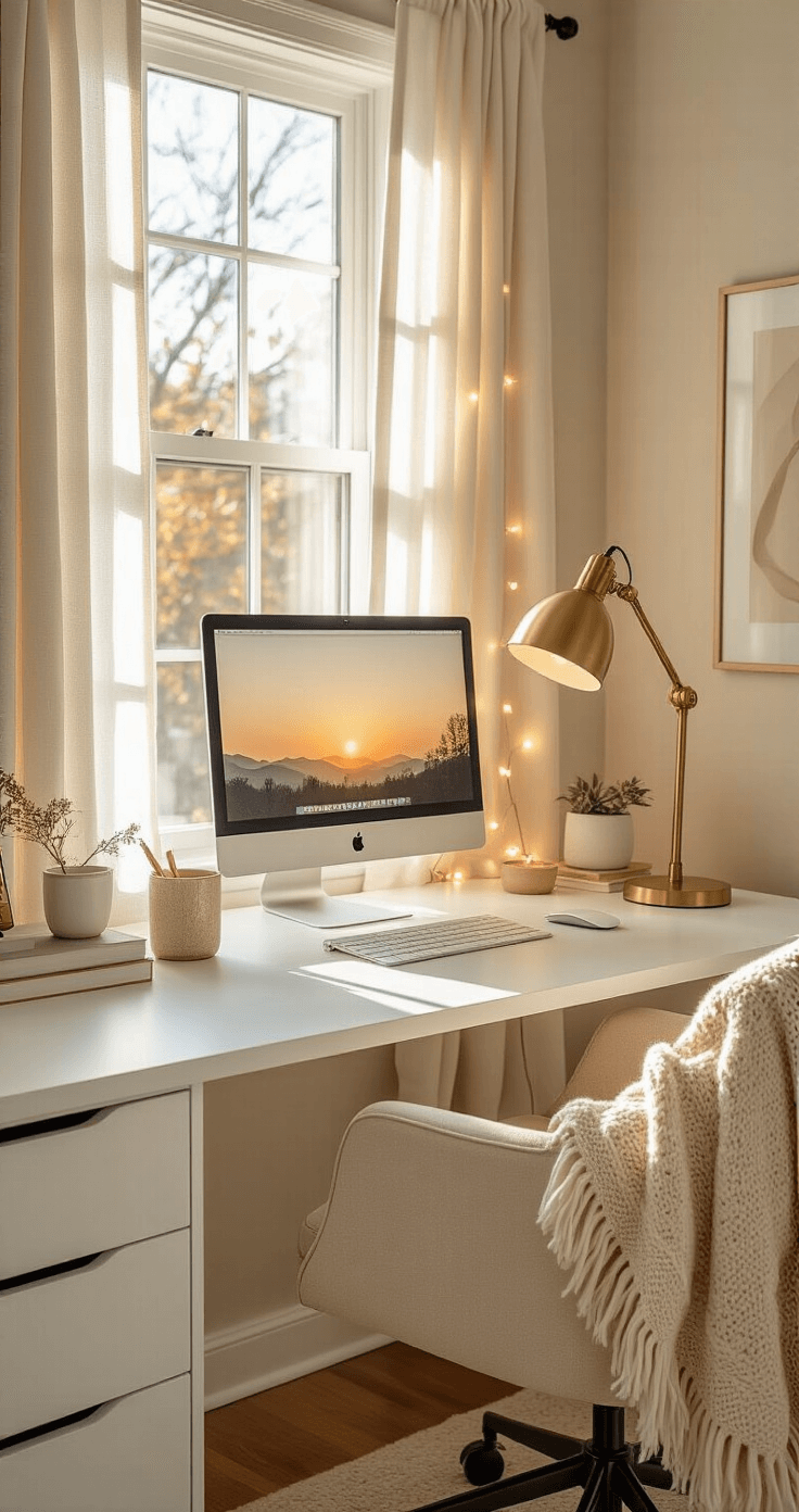 Cozy home office desk setup with warm lighting, featuring a modern white desk, brass lamp, string lights, ergonomic chair, and golden hour light filtering through sheer curtains.