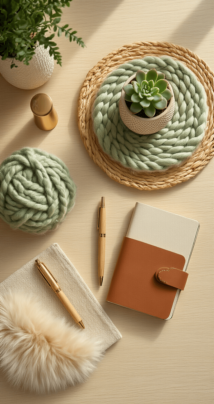 Photorealistic overhead flat lay of a cozy desk featuring a woven rattan desk pad, a chunky knit sage green mouse pad, a textured ceramic pot with a small succulent, a brass pen holder with wooden pens, a linen notebook with leather binding, and a soft faux fur desk organizer, all set on a light wood surface with a cream and terracotta color palette under warm afternoon lighting that casts soft shadows, highlighting the layered textures.