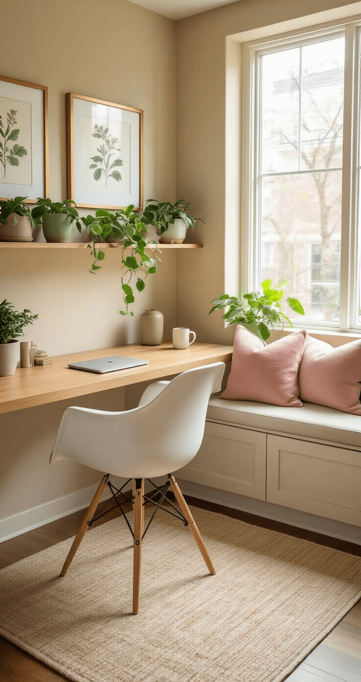 Intimate corner office space with a warm neutral color scheme, featuring a built-in floating desk, ergonomic chair, and accented decor including plant pots, a throw pillow, and botanical prints, illuminated by morning light.