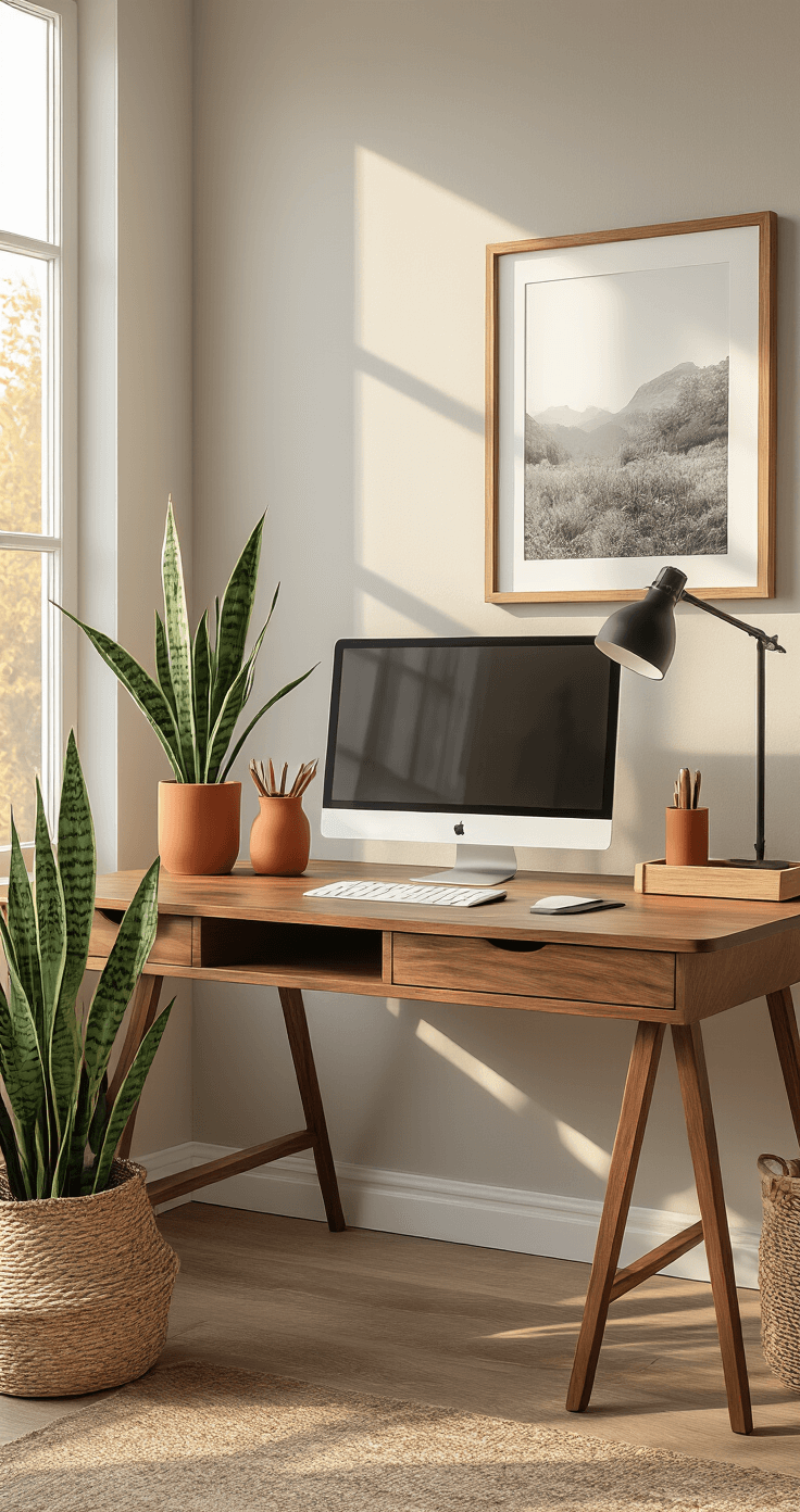 Cozy minimalist desk setup with walnut finish, terracotta pen holders, snake plant, and warm afternoon light creating a serene workspace atmosphere.