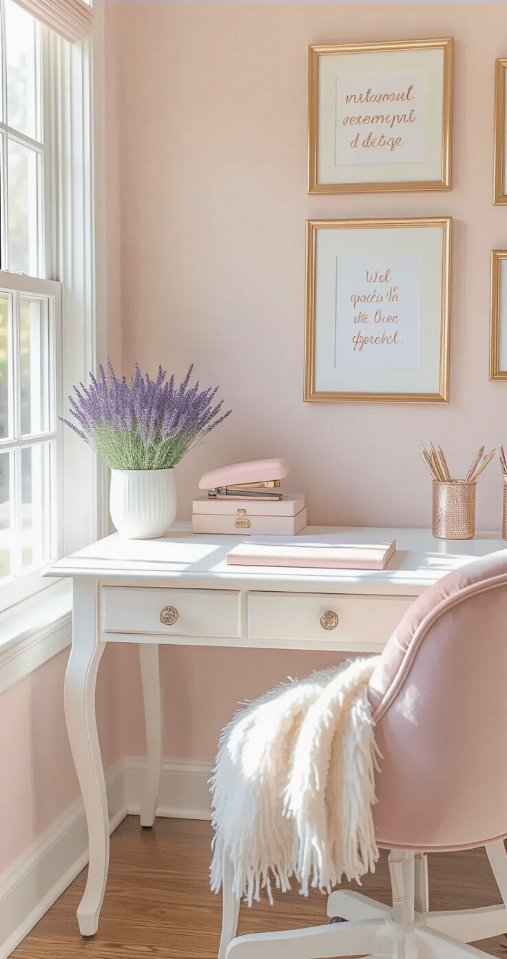 Feminine workspace with antique white desk, blush pink walls, and rose gold accessories, featuring natural light and cozy decor elements.