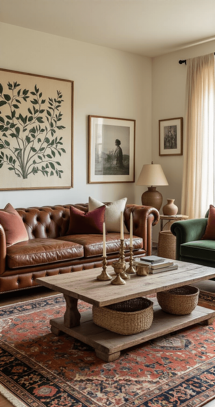 Creating My Dream Cozy Eclectic Home: A Personal Guide to Mixing Styles Without the Mess Cozy eclectic living room during golden hour with a cognac leather Chesterfield sofa, reclaimed oak coffee table with vintage brass candlesticks, mismatched artwork on cream walls, a hand-woven Turkish rug, a forest green velvet armchair, dusty rose throw pillows, and soft natural lighting filtering through gauze curtains.