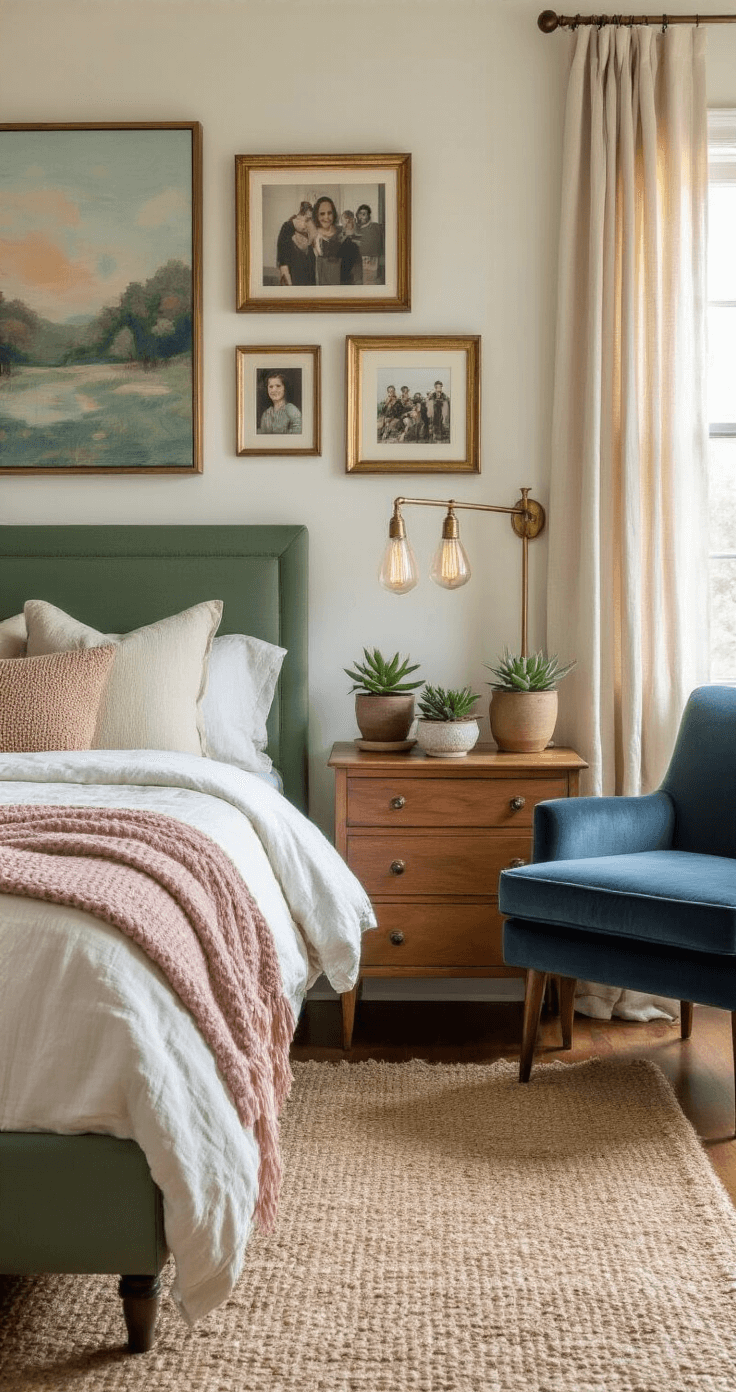Creating My Dream Cozy Eclectic Home: A Personal Guide to Mixing Styles Without the Mess A cozy eclectic bedroom corner with mismatched vintage nightstands, an unmade bed with layered linens, a gallery wall of photographs and an abstract painting, a mid-century modern chair, and warm morning light filtering through linen curtains.
