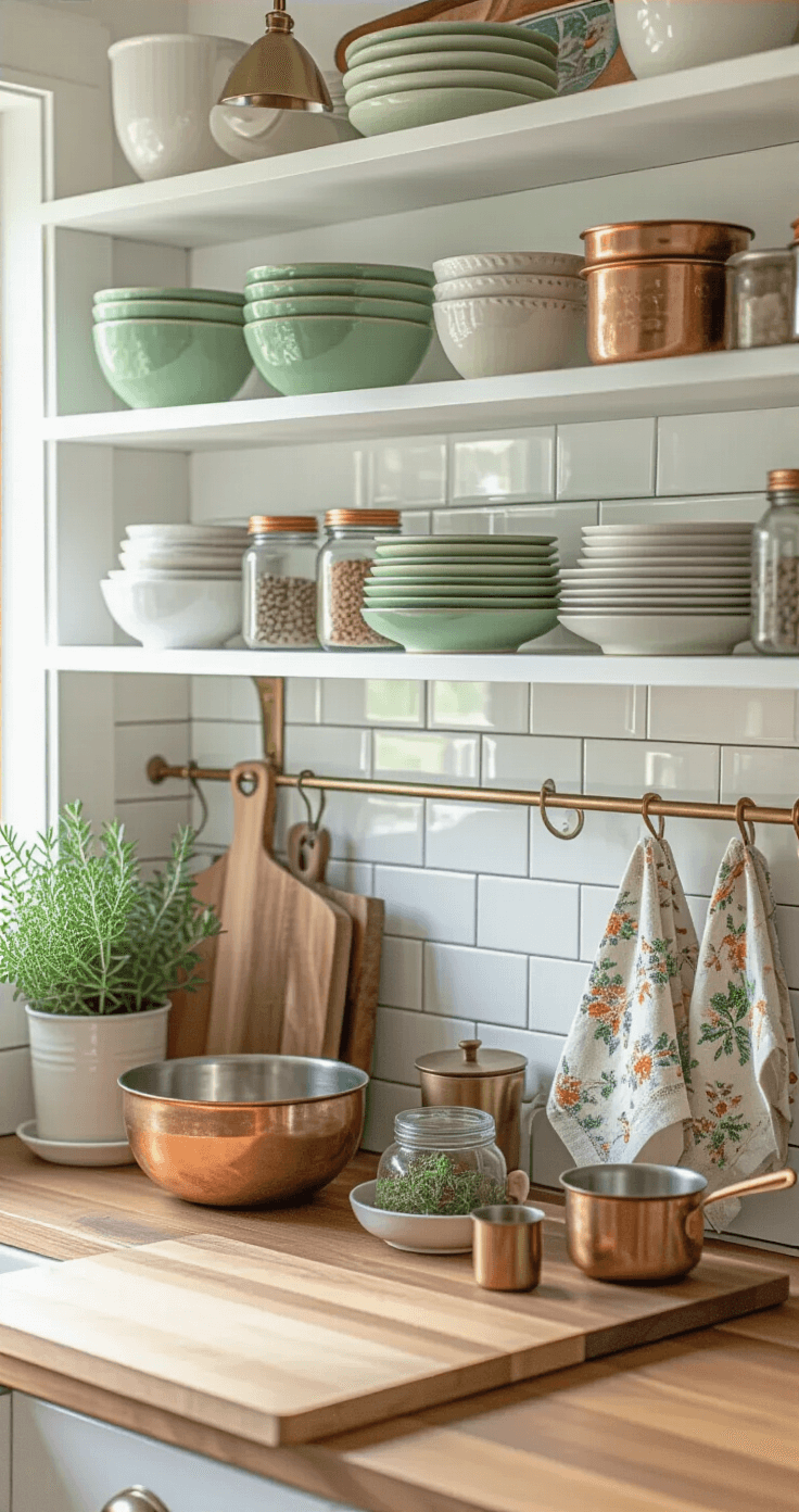 Creating My Dream Cozy Eclectic Home: A Personal Guide to Mixing Styles Without the Mess Close-up of an eclectic kitchen open shelving display with white floating shelves showcasing vintage ceramic dishes in sage and cream, modern copper bowls, brass measuring cups, mason jars with dried herbs, a potted rosemary plant, colorful vintage dish towels, and cookbooks, all highlighted by natural midday light.