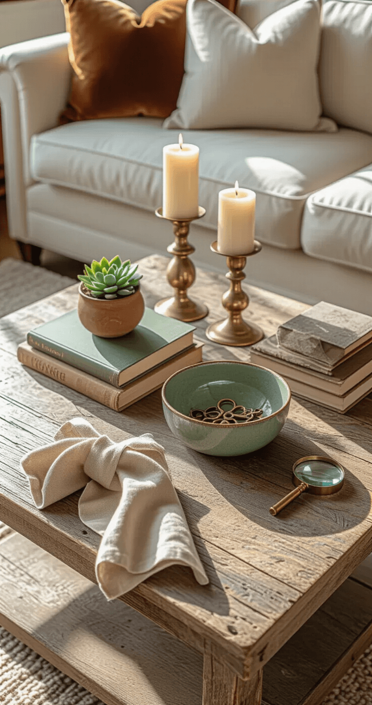 Creating My Dream Cozy Eclectic Home: A Personal Guide to Mixing Styles Without the Mess Overhead shot of a coffee table vignette featuring three brass candlesticks with cream candles, a sage green ceramic bowl with vintage brass keys, and a stack of three books topped with a small terracotta succulent. A dusty rose linen napkin and a vintage brass magnifying glass are nearby, all set on a weathered reclaimed wood surface, surrounded by a sofa with mixed throw pillows, capturing an intimate and eclectic arrangement in soft afternoon light.