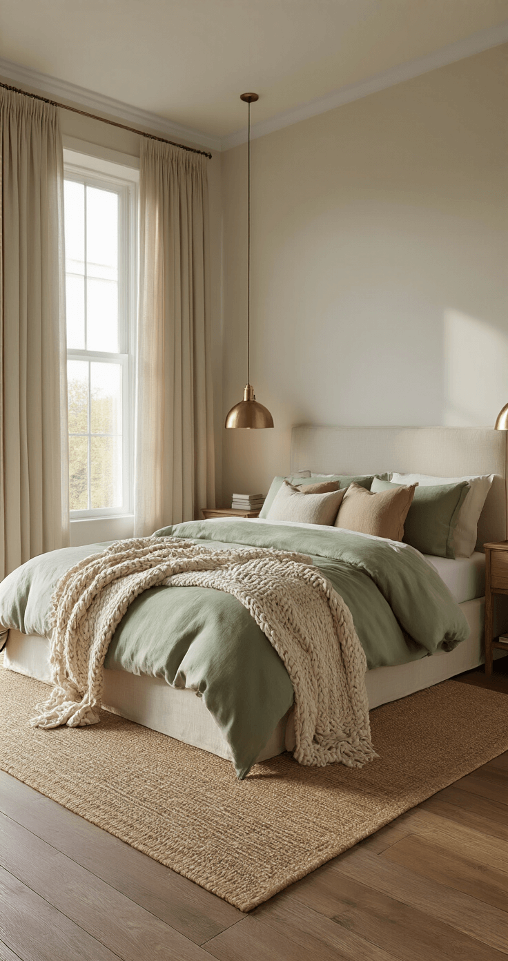 Transform Your Master Bedroom Into a Cozy Sanctuary You'll Never Want to Leave Photorealistic master bedroom with king-size bed dressed in sage green and cream bedding, featuring warm evening light, luxurious textures, and cozy decor elements.