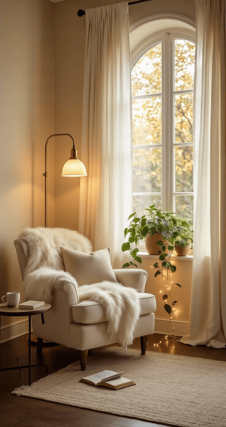 Transform Your Master Bedroom Into a Cozy Sanctuary You'll Never Want to Leave An intimate bedroom corner during golden hour featuring a cream-colored reading chair with a faux fur throw, a tall arched window with flowing linen curtains, a brass floor lamp creating a warm pool of light, and fairy lights woven through a pothos plant on a floating shelf, all set against warm beige textured walls and dark hardwood floors. A side table holds a ceramic mug and an open book, capturing the cozy atmosphere of layered lighting.