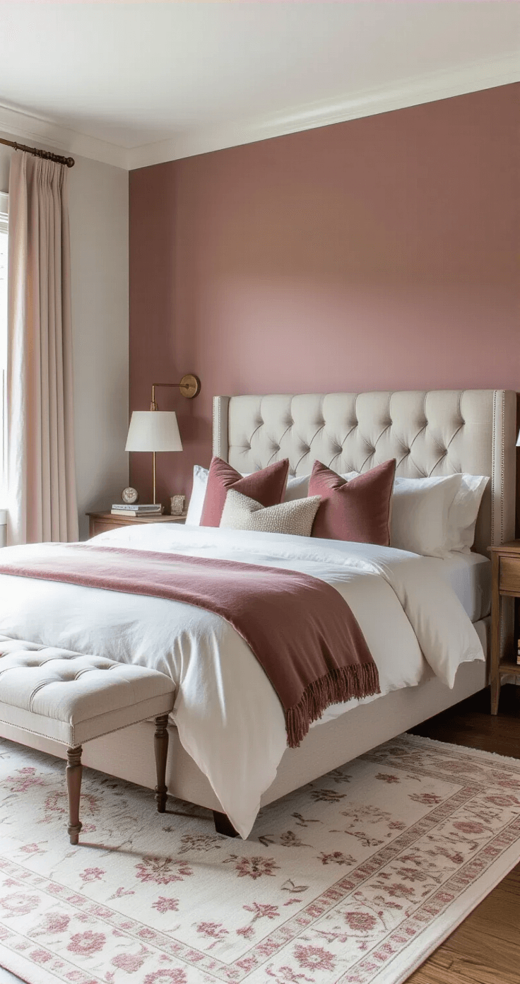 Transform Your Master Bedroom Into a Cozy Sanctuary You'll Never Want to Leave Cozy master bedroom featuring a dusty rose and soft grey color palette, with a focal wall behind an upholstered headboard, plush cream rug, layered bedding, and natural light illuminating the space.
