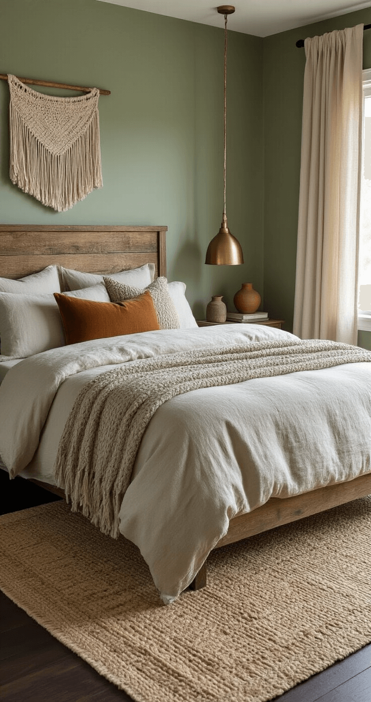 Transform Your Master Bedroom Into a Cozy Sanctuary You'll Never Want to Leave A textured master bedroom interior showcasing a reclaimed wood headboard, sage green walls, and layered bedding of cotton sheets, linen duvet, wool throw, and velvet pillows. A geometric-patterned jute rug covers dark oak floors, complemented by macrame wall hangings and textured linen curtains. Metallic accents from brass lamps and an antique copper mirror frame, alongside natural stone bookends and ceramic vases, create depth in late afternoon light that highlights the diverse materials. Shot from a medium distance at a slight elevation.