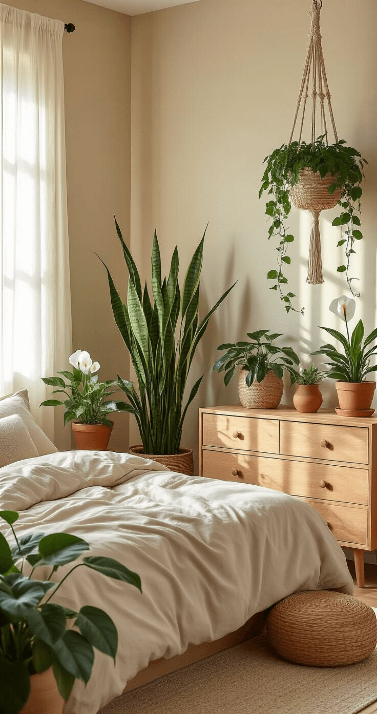 Transform Your Master Bedroom Into a Cozy Sanctuary You'll Never Want to Leave A tranquil bedroom sanctuary showcasing low-light plants, including a large snake plant, cascading pothos, ZZ plants, and a peace lily, against warm beige walls and natural wood furniture, with soft morning light filtering through sheer curtains.