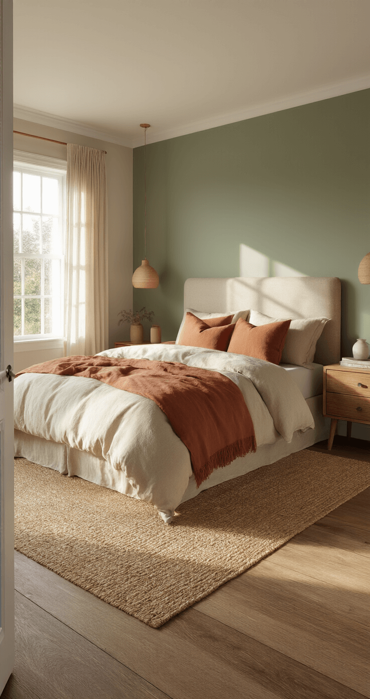 A cozy, earthy bedroom featuring a sage green accent wall, cream walls, and rich hardwood floors. The queen bed, dressed in oatmeal linen bedding and terracotta throw pillows, is complemented by a mushroom-toned headboard and mismatched warm wood nightstands. Natural light filters through sheer curtains, casting soft shadows, while a jute area rug anchors the space. The image captures the room from the doorway at a slight low angle, showcasing a serene and balanced atmosphere with warm 2700K lamp light.