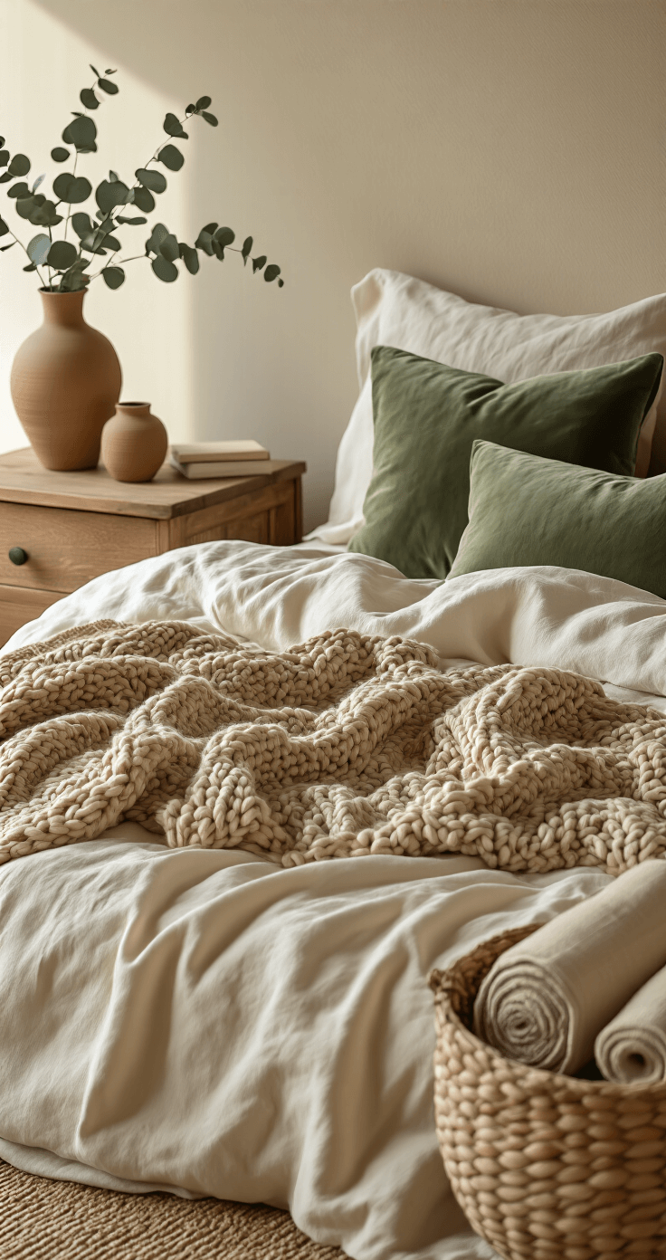 An intimate close-up of an unmade bed with rumpled cream linen sheets, a caramel chunky knit throw, and sage green velvet pillows, accented by a rough wood nightstand with a smooth ceramic vase of dried eucalyptus, and a woven basket of rolled textiles, all bathed in warm golden hour lighting that highlights the rich textures of the scene.