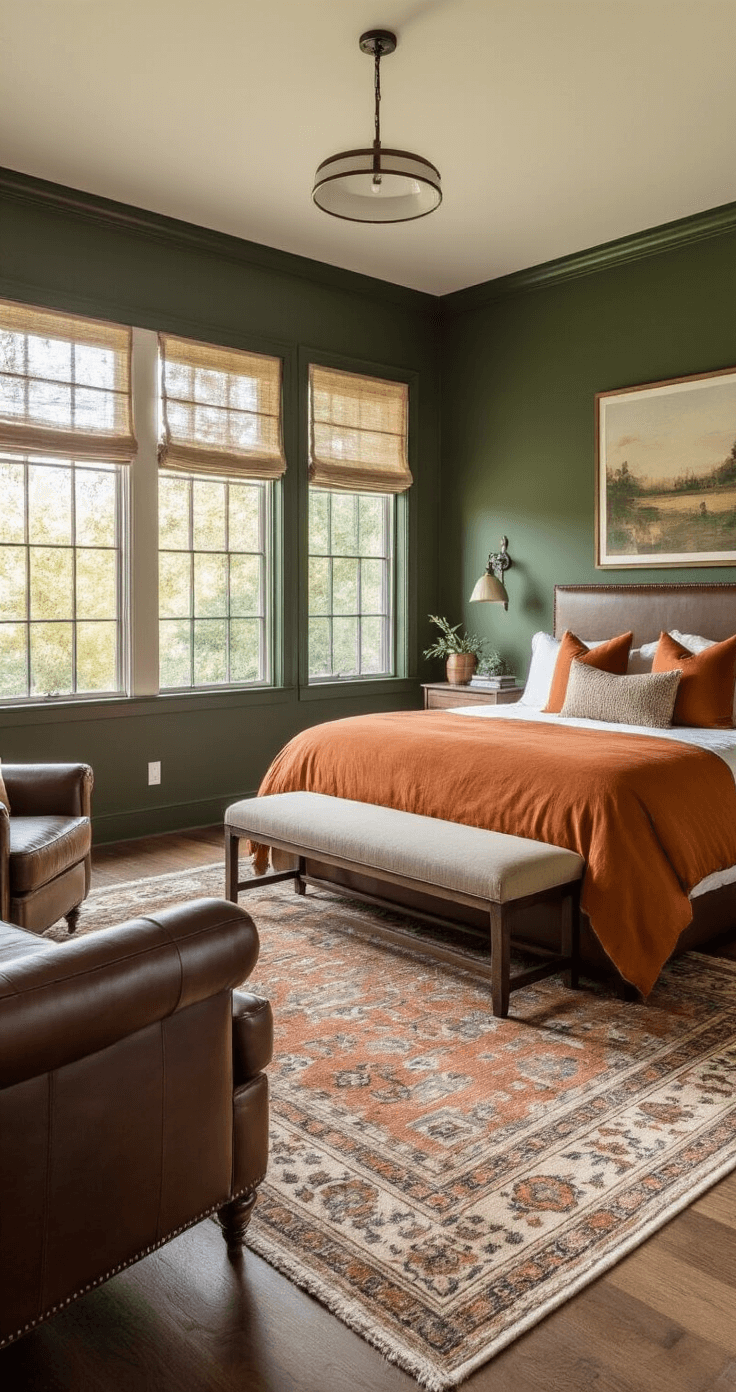 Luxurious large bedroom with zoned living in rich earthy tones, featuring a deep forest green accent wall, chocolate brown leather reading chair, king bed with burnt orange and cream bedding, and a separate sitting area defined by an area rug, all illuminated by warm late afternoon light.