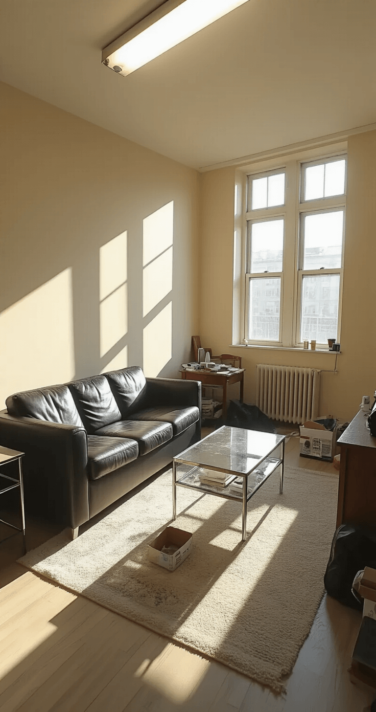 Photorealistic wide-angle view of a cramped studio apartment featuring mismatched furniture, harsh fluorescent lighting, and stark shadows, creating a cold and impersonal atmosphere. Late afternoon sunlight contrasts with artificial lighting, highlighting cluttered surfaces and a sterile, hotel-room feel.