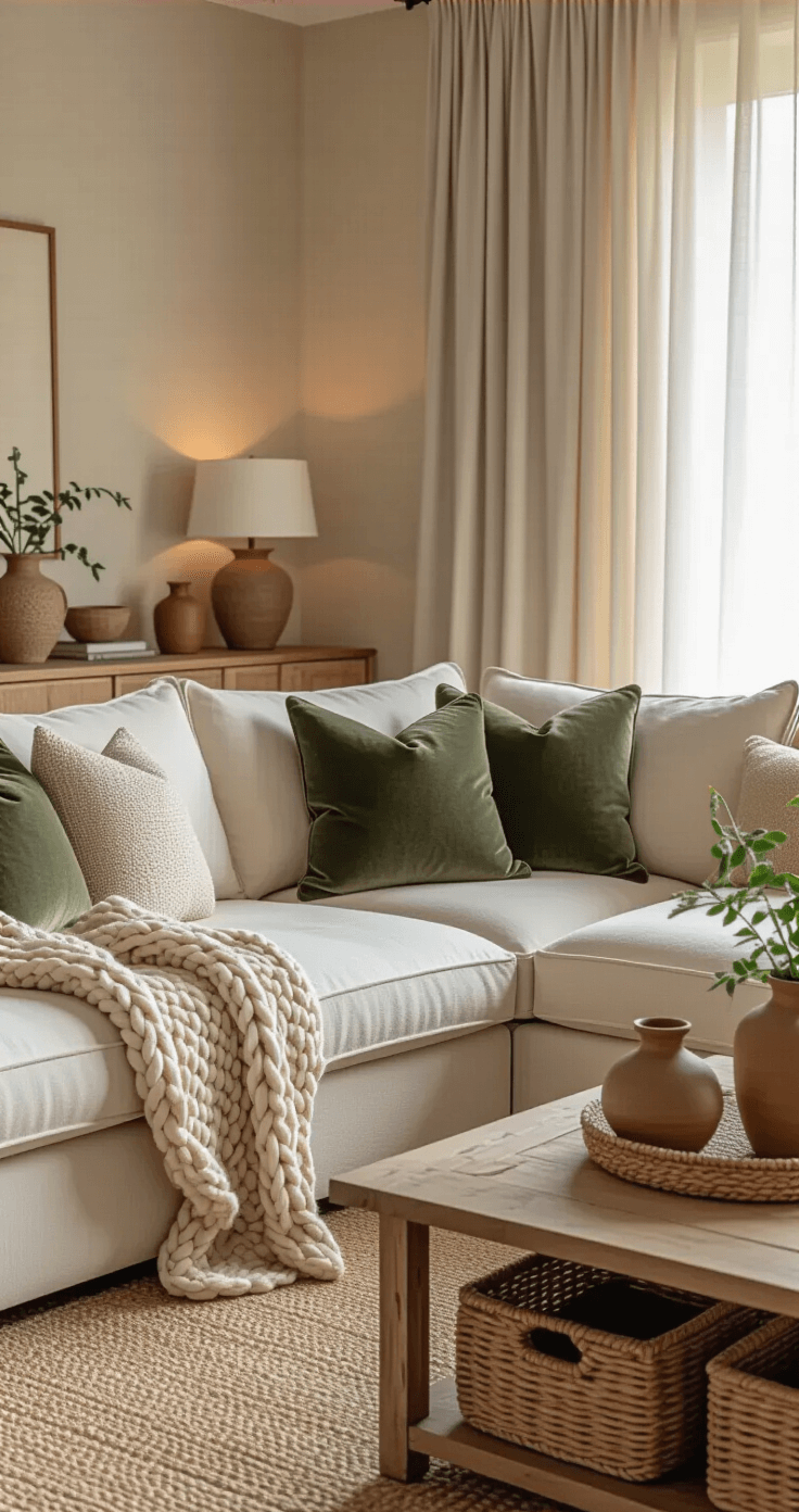 Cozy living room with a cream sectional sofa, chunky knit throws, velvet pillows, jute rug, wicker storage baskets, raw wood coffee table, and ceramic vases, all bathed in warm golden hour light.