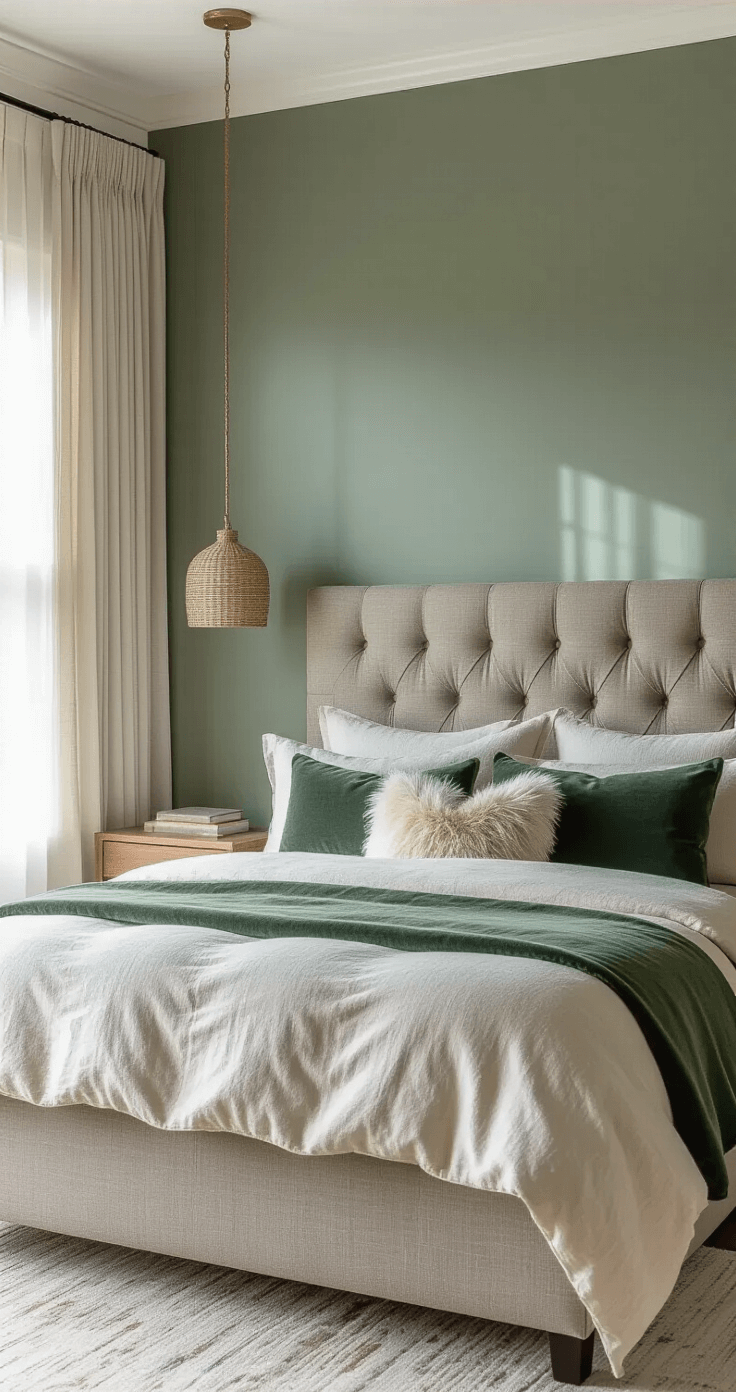 Sophisticated bedroom interior with a textured mushroom gray upholstered headboard against a deep sage accent wall, layered bedding in cream and forest green, natural wood floating nightstands, and sheer ceiling-height curtains, all bathed in soft morning light.