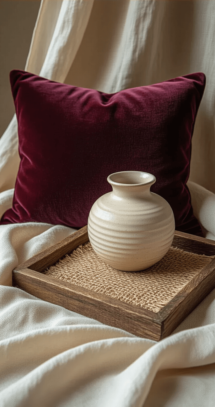 Close-up shot of an interior vignette featuring a velvet throw pillow, jute placemat, ceramic vessel, wood tray, and gauze fabric, showcasing rich textures and warm lighting.