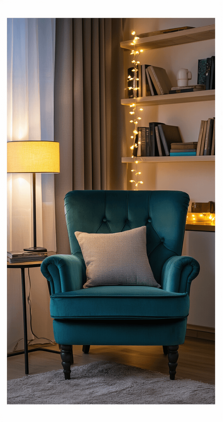 Cozy living room corner at twilight with a teal velvet accent chair, warm ambient lighting from a table lamp, string lights on a bookshelf, and a reading lamp nearby, creating a layered and intimate atmosphere.