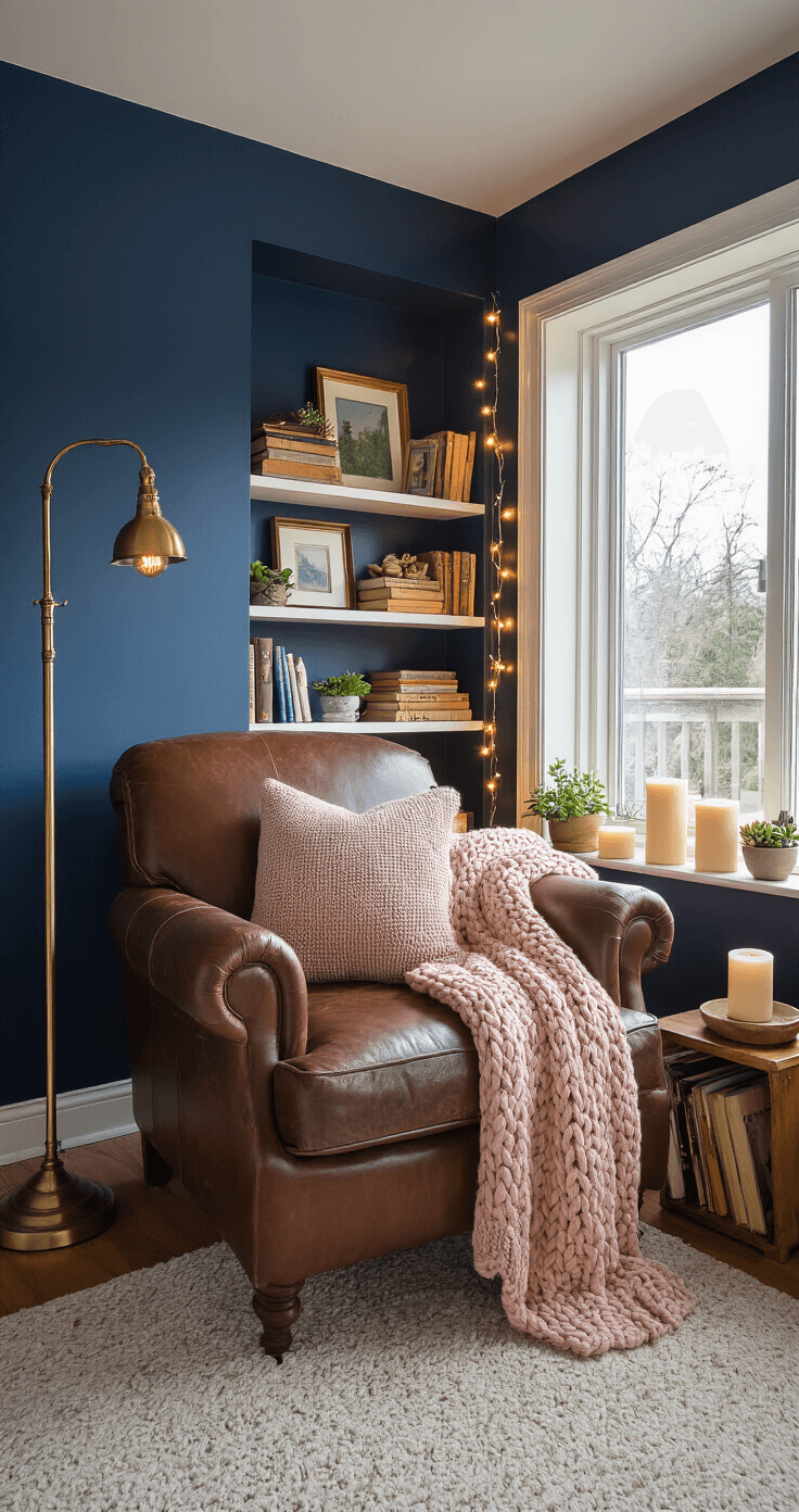 A cozy reading nook with a deep navy blue accent wall and a worn leather armchair near a tall window, illuminated by a brass floor lamp, string lights, and vanilla candles, featuring a chunky knit blush pink throw, books, vintage frames, and succulents on floating shelves, all captured at blue hour for a moody atmosphere.