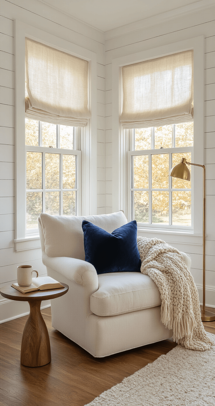 Transform Any Corner Into Your Perfect Reading Sanctuary Photorealistic interior of a cozy reading nook with an oversized cream armchair angled by a window, hardwood floors, white shiplap walls, and warm afternoon light. A chunky knit blanket and navy pillows adorn the chair, while a round walnut side table holds a steaming mug and an open book, creating an inviting reading atmosphere.