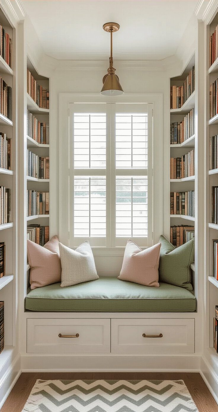 Transform Any Corner Into Your Perfect Reading Sanctuary Luxurious bay window reading nook with sage green upholstered bench, white built-in bookshelves filled with colorful books, layered throw pillows, and a brass swing-arm sconce, all bathed in soft morning light.