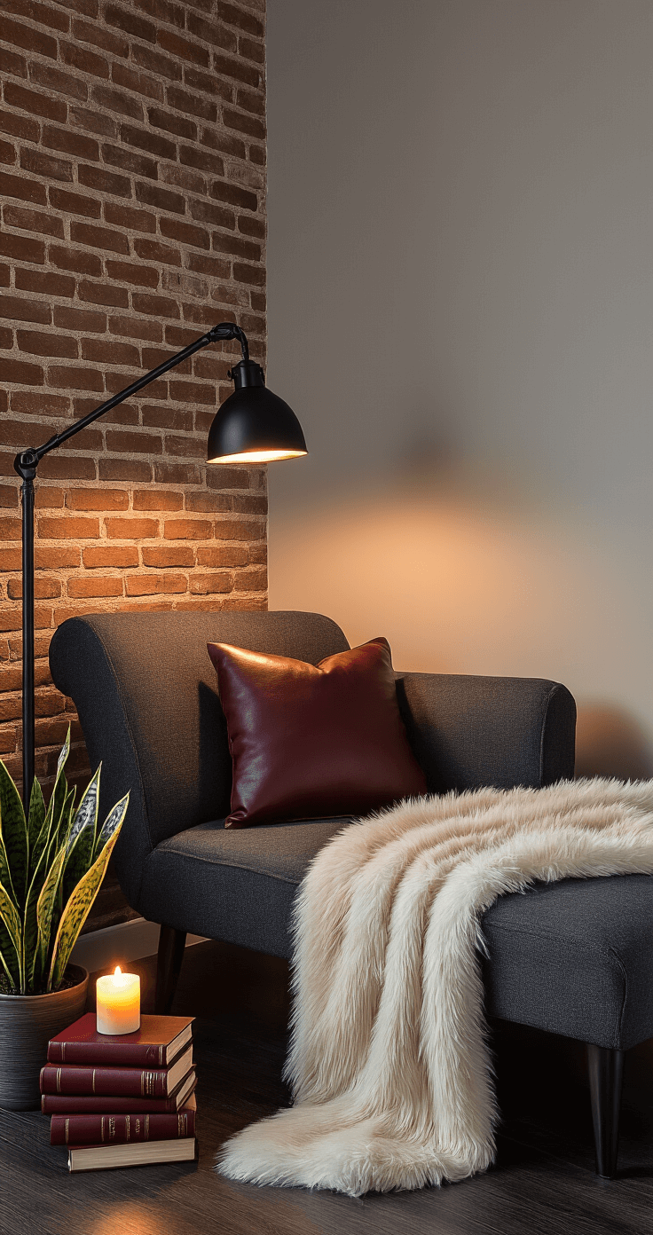 Transform Any Corner Into Your Perfect Reading Sanctuary Cozy evening reading corner with charcoal gray chaise lounge, exposed brick wall, dark hardwood floors, and warm LED lamp illuminating burgundy leather-bound books and flickering candles.