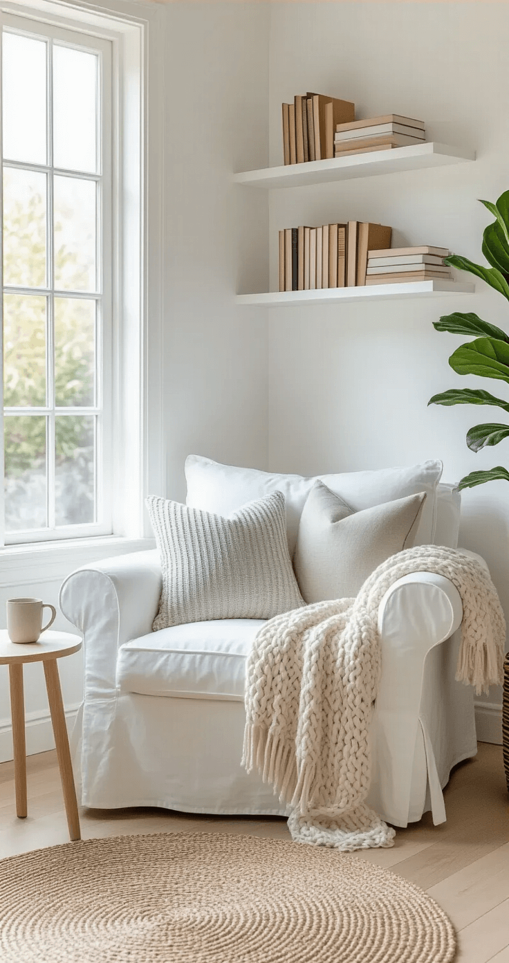 Transform Any Corner Into Your Perfect Reading Sanctuary A bright Scandinavian-inspired reading nook featuring a white slipcovered armchair in a sunny corner, light oak floors, and crisp white walls. Natural daylight floods the space through a large casement window. Neutral textiles, including a cream cable-knit throw and soft gray linen pillows, are layered on the armchair. A natural jute area rug defines the seating area, while simple white floating shelves display a curated book collection. A small round light wood side table holds a ceramic mug, and a potted fiddle leaf fig adds a touch of nature. The camera angle captures an intimate perspective, highlighting the airy atmosphere and simplicity of materials.